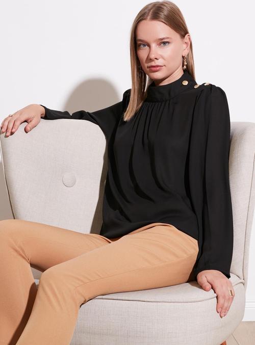 Omuz Düğmeli Regular Fit Dik Yakalı Bayan Bluz 611BZ0235 SİYAH