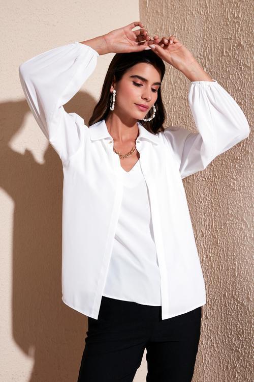Regular Fit V Yaka Balon Kol Bayan Bluz 611BZ0353 EKRU