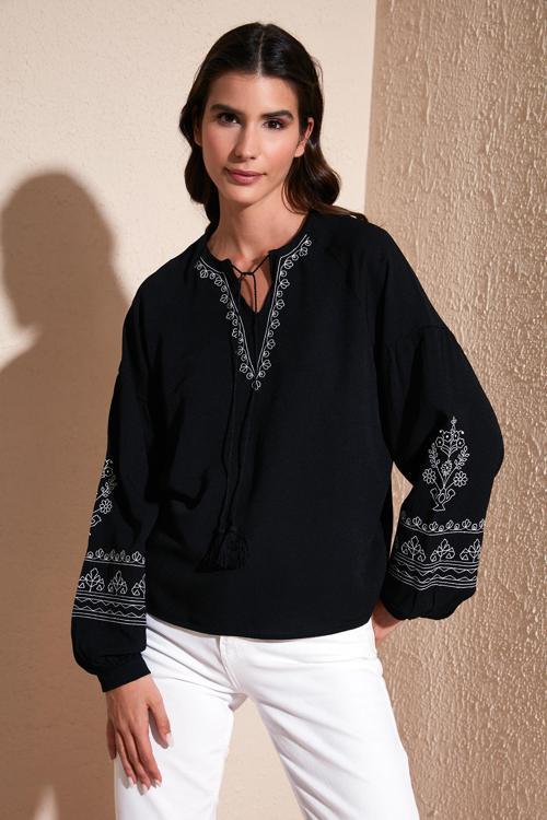 Yakası Bağlamalı Kolları Nakışlı V Yaka Regular Fit Bayan Bluz 611BZ0368 SİYAH