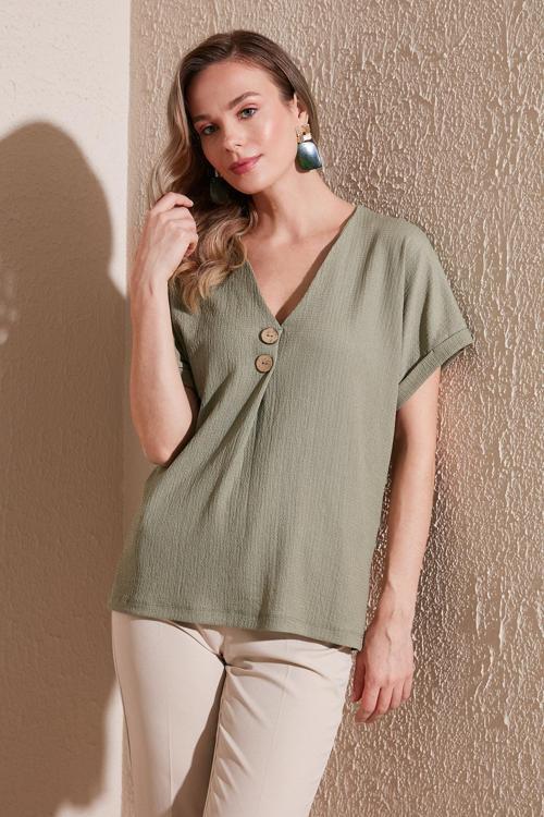 Düğme Detaylı V Yaka Bayan Bluz 5865567 Olive