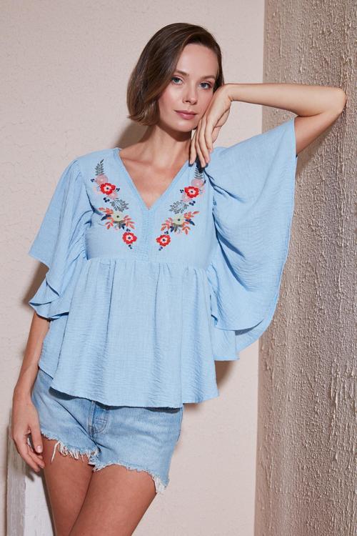 Nakışlı Yarasa Kollu Bayan Bluz 611BZ0409 BEBE MAVİ