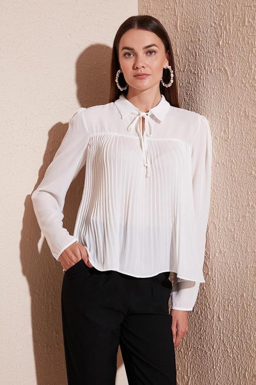 Bağlama Detaylı Piliseli Bayan Bluz 611FB0963 EKRU