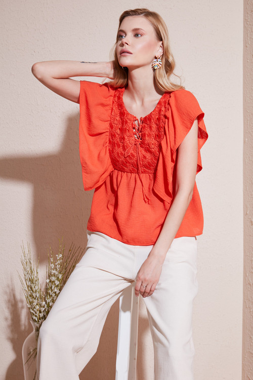 Regular Fit Önden Bağlamalı Volanlı Bayan Bluz 611FB20064 ORANJ