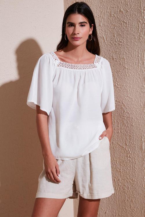Güpürlü Regular Fit Kare Yaka Bayan Bluz 5865652 EKRU