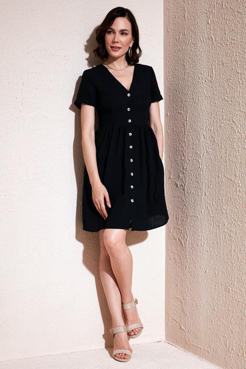 Cepli Önü Düğmeli Kısa Kollu V Yaka Regular Fit Bayan Elbise 611EL222 SİYAH