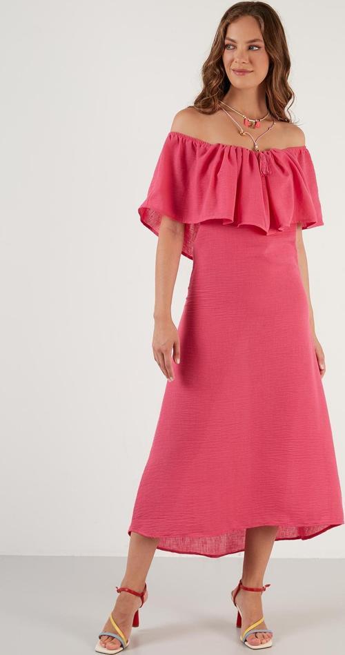 Carmen Yaka Dar Kesim Volanlı Uzun Bayan Elbise 42190376 FUŞYA