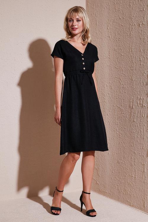 Önü Düğmeli V Yaka Regular Fit Kısa Kollu Midi Bayan Elbise 5865747 SİYAH