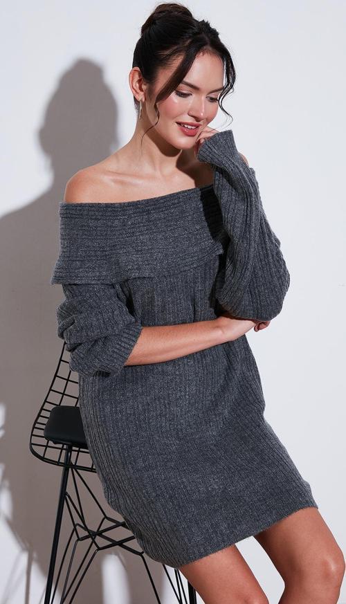 Oversize Fit Kayık Yaka Uzun Kollu Mini Triko Bayan Elbise 4615218 ANTRASİT