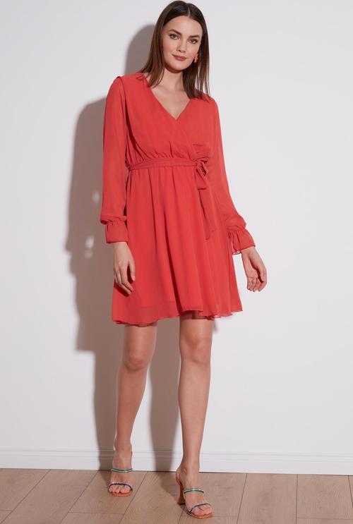 Kruvaze Yaka Bağlama Detaylı Şifon Mini Bayan Elbise 6051467 ORANGE