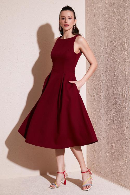 Bisiklet Yaka Regular Fit Cepli Pileli Midi Bayan Elbise 6051963 BORDO