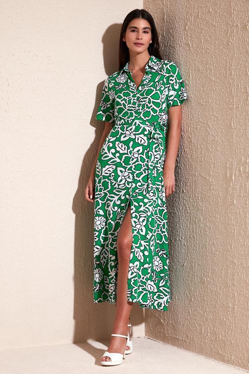 Desenli Yırtmaçlı Gömlek Yaka Maxi Bayan Elbise 611EL502 YEŞİL