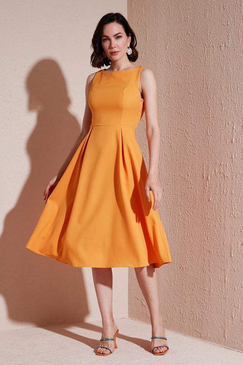 Bisiklet Yaka Regular Fit Cepli Pileli Midi Bayan Elbise 6051963 HARDAL
