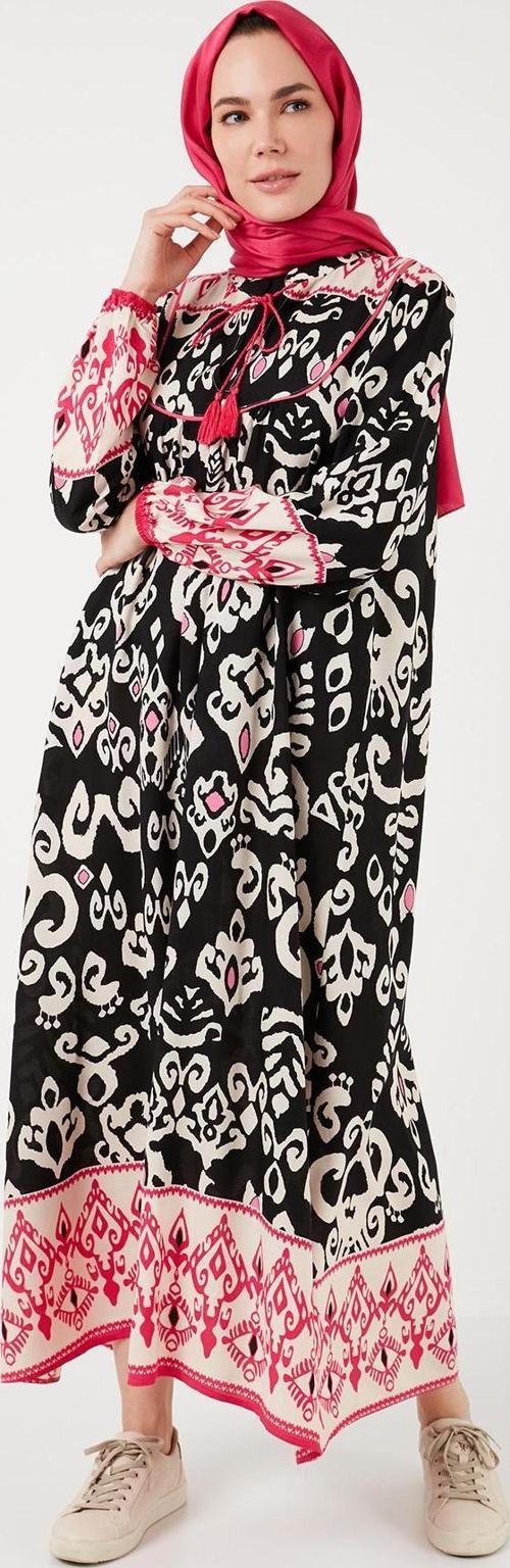 Modest Desenli Regular Fit Bağlamalı V Yaka Maxi Bayan Elbise 611EL510 SİYAH