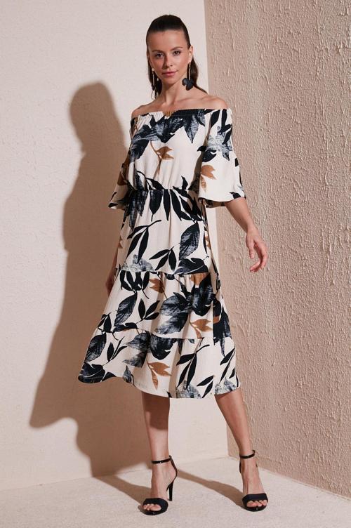 Yaprak Desenli Carmen Yaka Midi Bayan Elbise 5865053 SİYAH