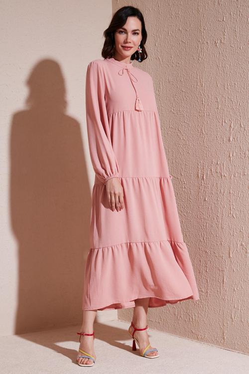 Modest Regular Fit Dik Yaka Uzun Bayan Elbise 611EL545 GÜL KURUSU