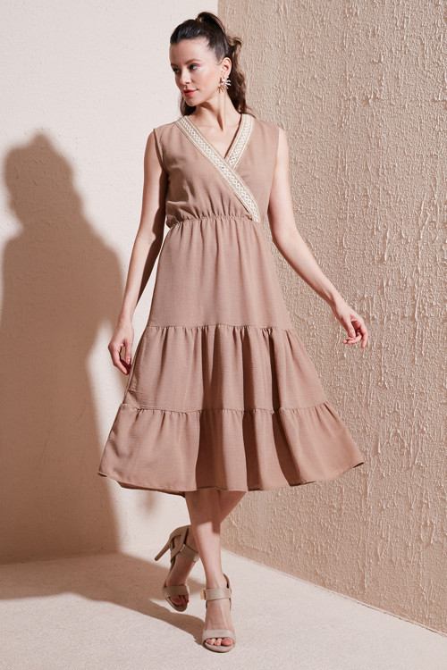 Regular Fit Kruvaze Yaka Midi Bayan Elbise 6118103 CAMEL