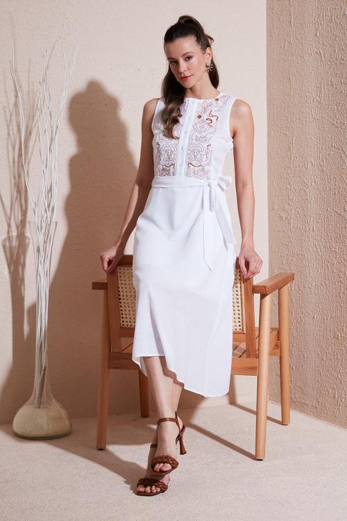 Nakışlı Regular Fit Kolsuz Midi Bayan Elbise 611EL00959 Ekru-Camel