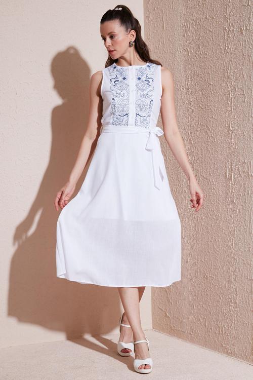 Nakışlı Regular Fit Kolsuz Midi Bayan Elbise 611EL00959 Ekru-İndigo