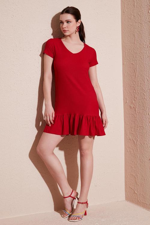 Regular Fit Fırfırlı V Yaka Bürümcük Mini Bayan Elbise 5865071 KIRMIZI