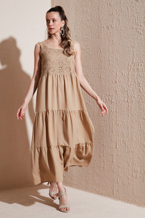 Relaxed Fit Volanlı Uzun Bayan Elbise 611EL010 VİZON
