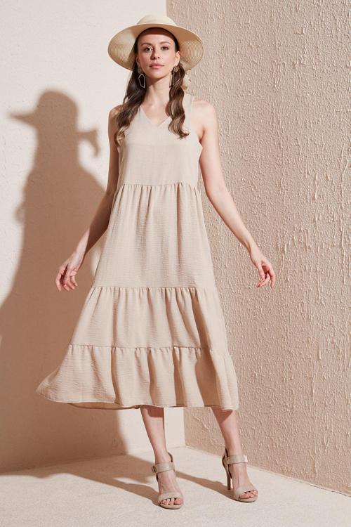 Relaxed Fit V Yaka Volanlı Midi Bayan Elbise 611EL011 BEJ