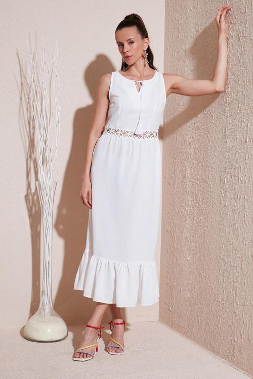 Regular Fit Volanlı Kolsuz Midi Bayan Elbise 611EL574 EKRU