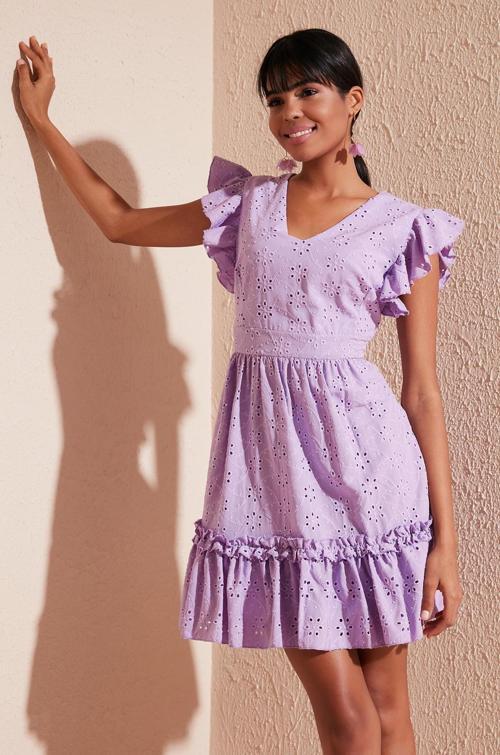 Pamuklu Nakışlı V Yaka Fırfırlı Bayan Elbise 6480105 LİLA