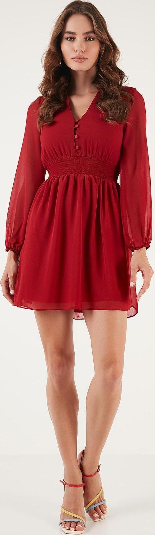 V Yaka Regular Fit Gipeli Düğme Detaylı Şifon Mini Bayan Elbise 611EL01433 KIRMIZI