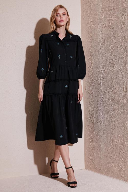 Regular Fit Truvakar Kollu Midi Dokuma Bayan Elbise 611EL0882 SİYAH