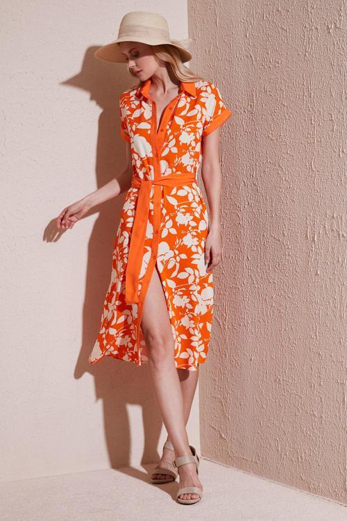 Kemerli Regular Fit Midi Gömlek Bayan Elbise 66924552S4 EKRU-ORANGE