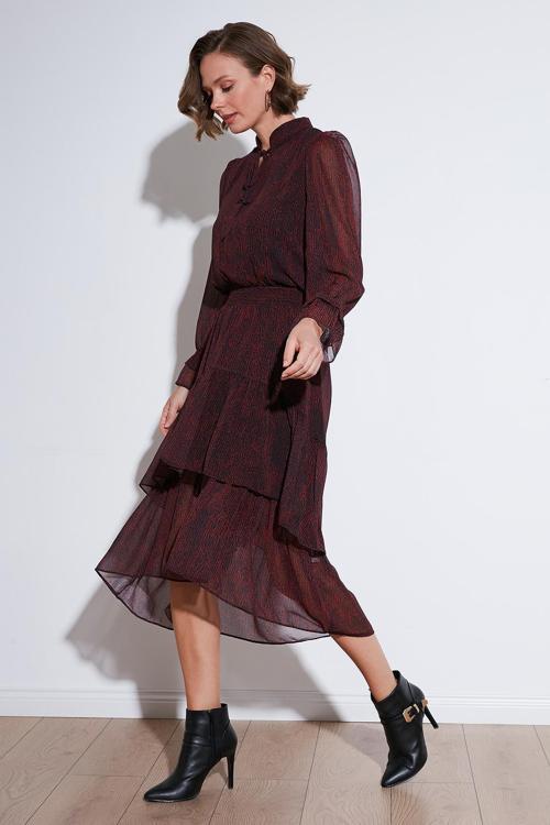 Regular Fit Boyundan Bağlamalı Volanlı Şifon Midi Bayan Elbise 611EL1449 BORDO