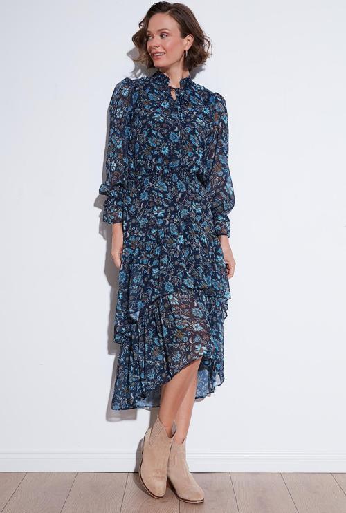 Regular Fit Boyundan Bağlamalı Volanlı Şifon Midi Bayan Elbise 611EL1450 LACİVERT