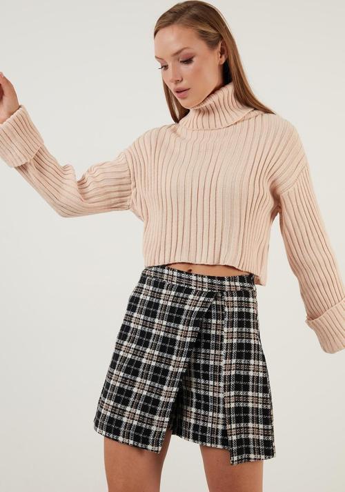 Regular Fit Balıkçı Yaka Fitilli Triko Crop Bayan Kazak 63622118 BEJ