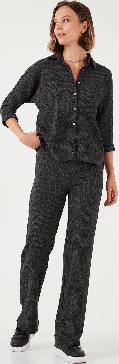 Slim Fit Yüksek Bel Geniş Paça Dokulu Bayan Pantolon 5865944 ANTRASİT