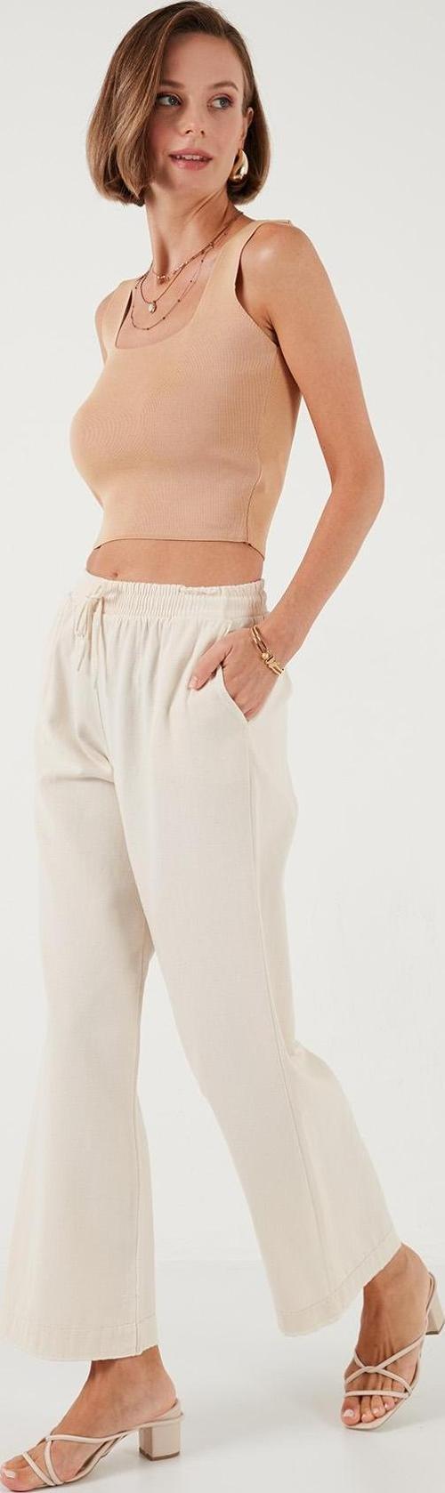 % 100 Pamuklu Bol Paça Regular Fit Bayan Pantolon 673PY2008 BEJ