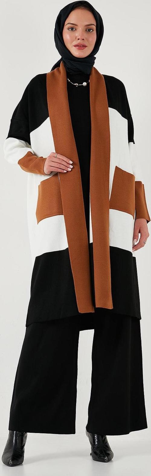 Modest Regular Fit Renk Bloklu Uzun Tesettür Triko Bayan Hırka 4616172 TOPRAK