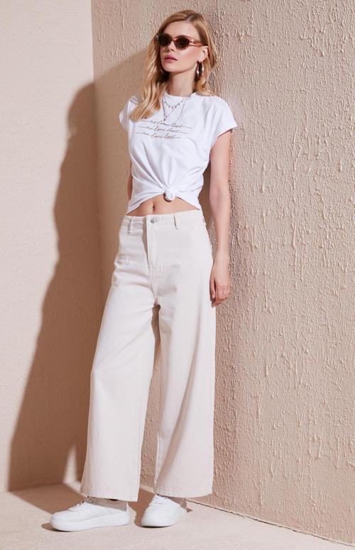 Pamuklu Relaxed Fit Geniş Paça Bayan Pantolon 668YP5237 TAŞ