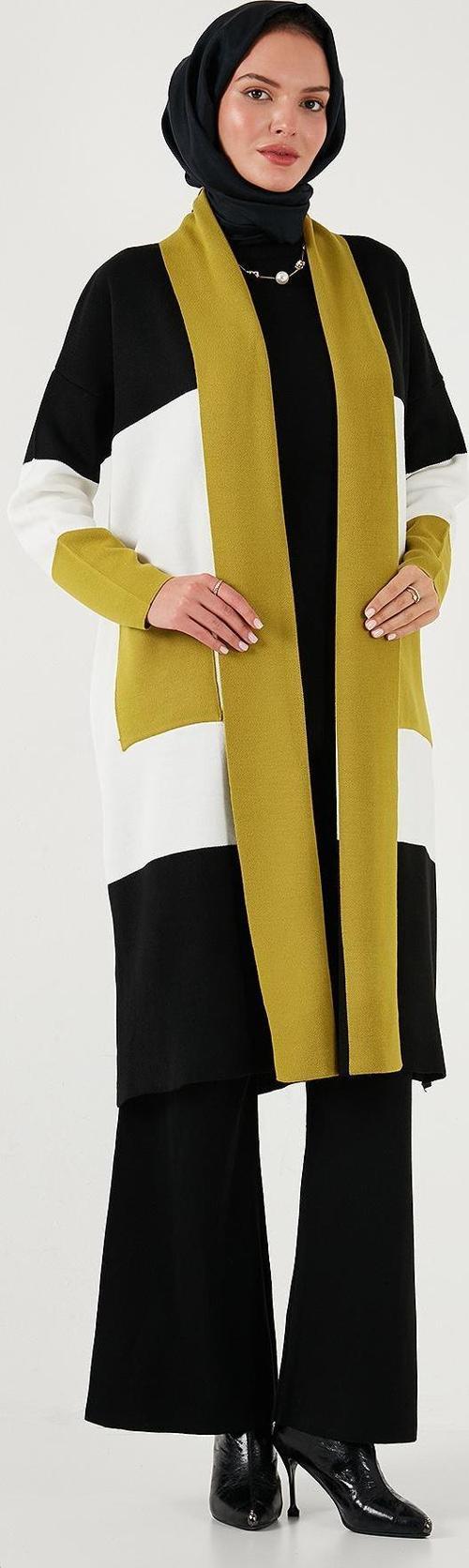 Modest Regular Fit Renk Bloklu Uzun Tesettür Triko Bayan Hırka 4616172 YAĞ YEŞİLİ