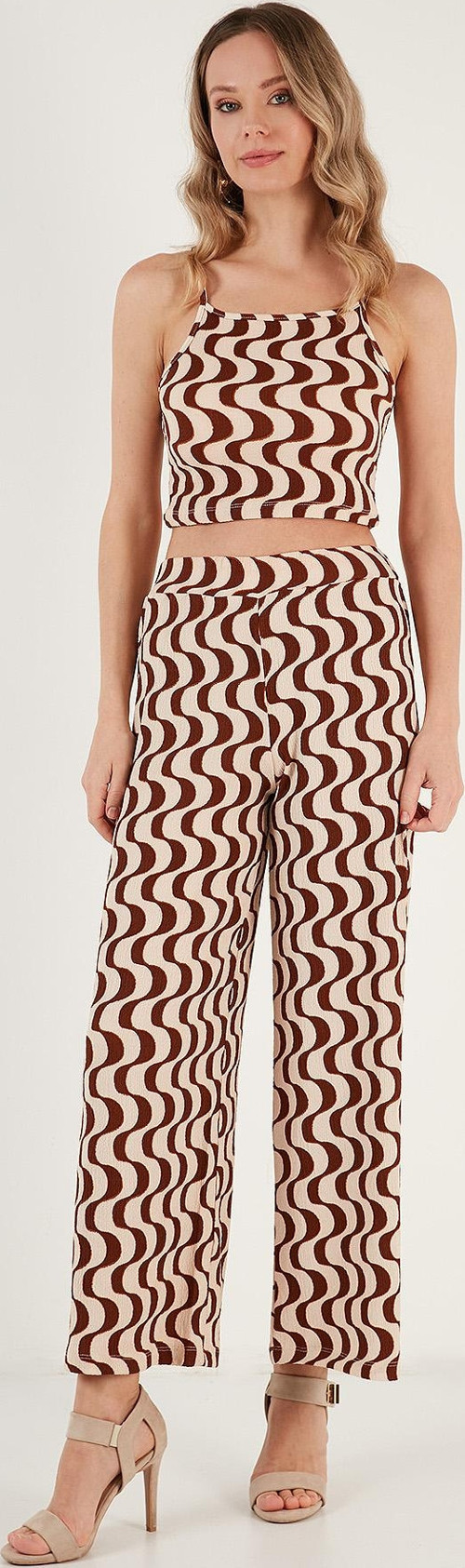 Desenli Beli Lastikli Bol Paça Bayan Pantolon 5865603 KAHVE