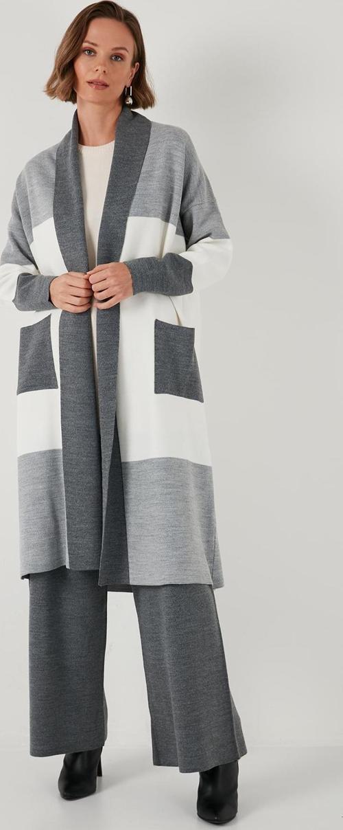 Modest Regular Fit Renk Bloklu Uzun Tesettür Triko Bayan Hırka 4616172 KOYU GRİ