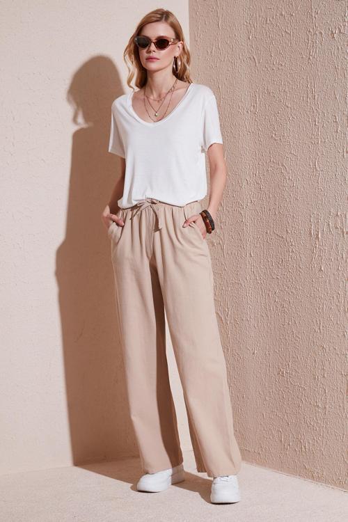 Pamuklu Relaxed Fit Yüksek Bel Bol Paça Bayan Pantolon 668YP5118 CAMEL