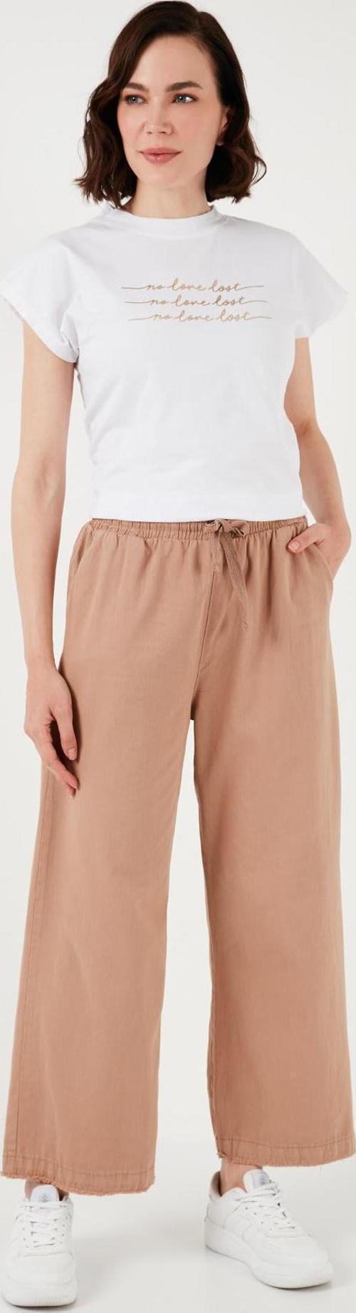 Pamuklu Belden Bağlamalı Yüksek Bel Geniş Paça Cepli Regular Fit Bayan Pantolon 668YP4760 CAMEL