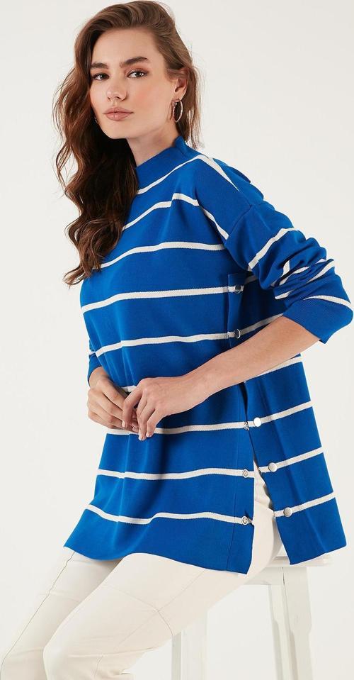Çizgili Dik Yaka Oversize Triko Bayan Kazak 4615197 Saks-Krem