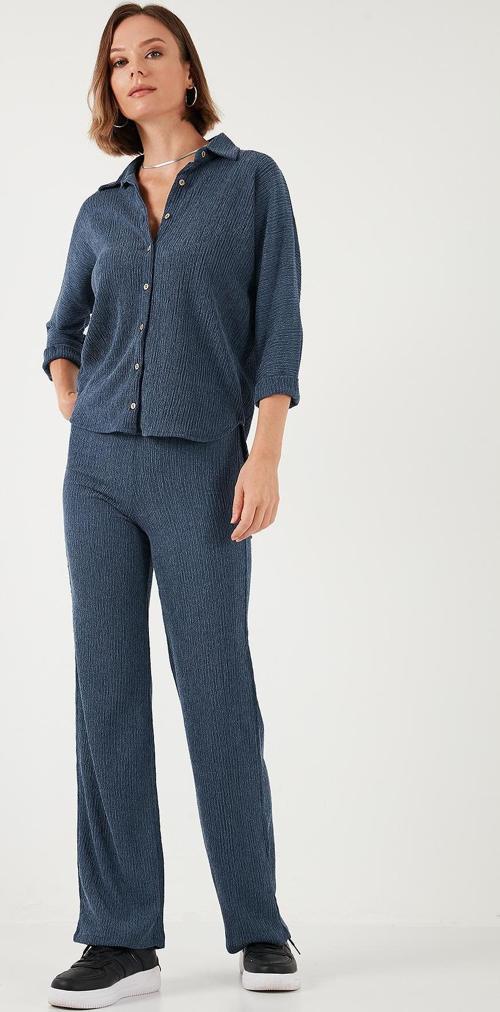 Slim Fit Yüksek Bel Geniş Paça Dokulu Bayan Pantolon 5865944 İNDİGO