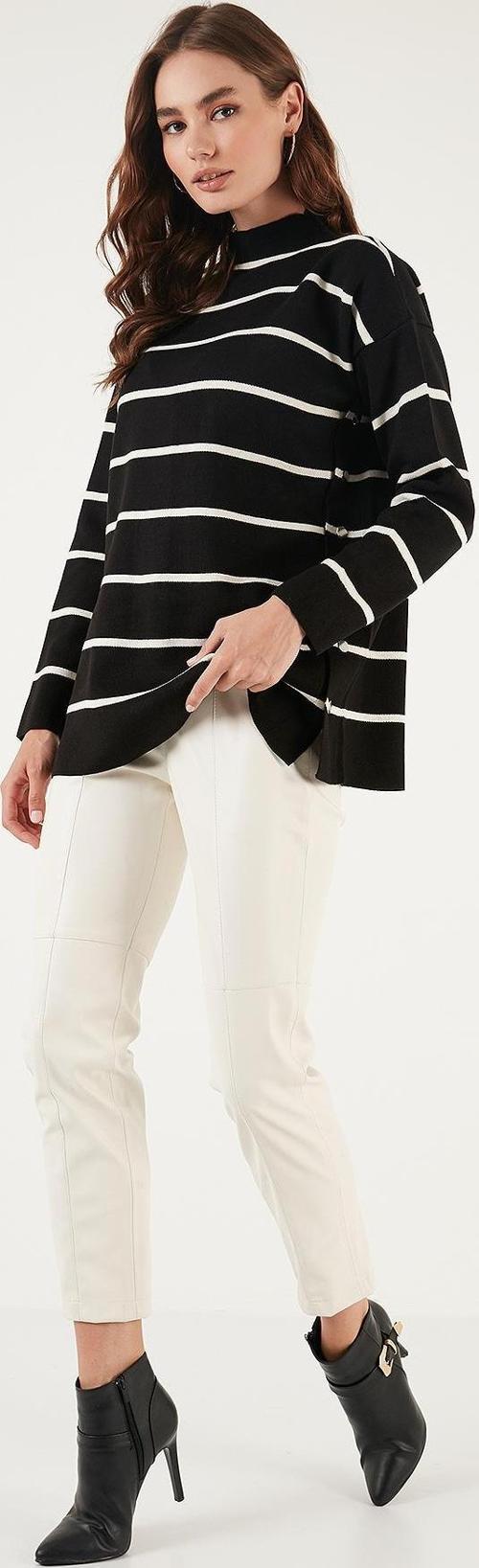 Çizgili Dik Yaka Onesize Triko Bayan Kazak 4615197Y SİYAH-KREM