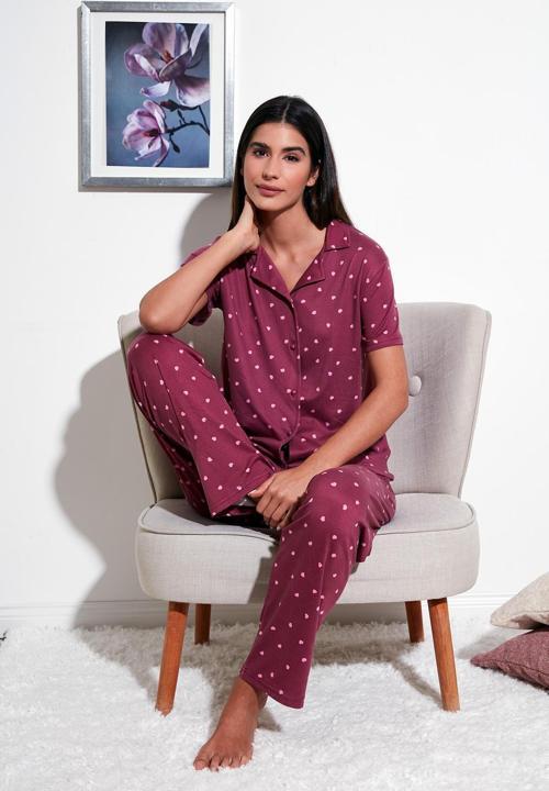 Desenli Regular Fit Gömlek Yaka Bayan Pijama Takımı 65750101 MÜRDÜM