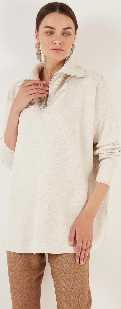 Yarım Fermuarlı Oversize Triko Bayan Kazak 4616079 KREM