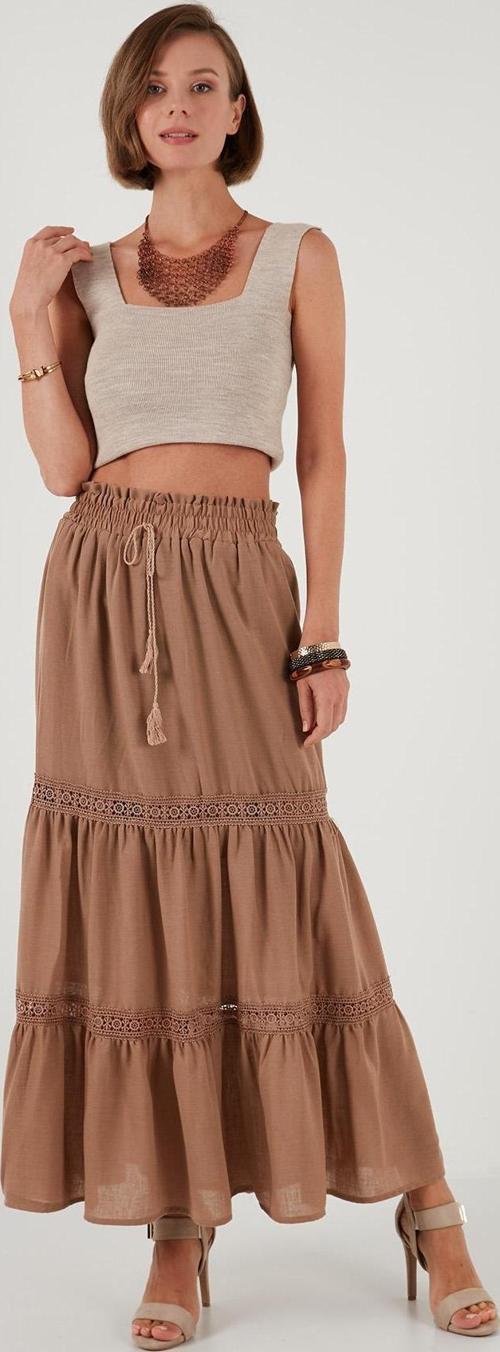 Güpürlü Beli Lastikli Uzun Bayan Etek 611ET0106 CAMEL