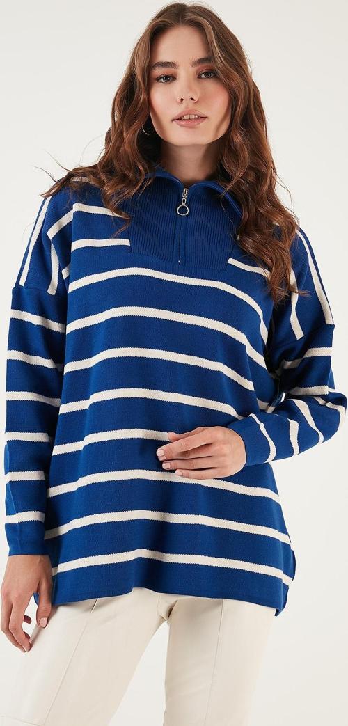 Çizgili Yarım Fermuarlı Oversize Triko Bayan Kazak 4616080 Saks-Açık Taş