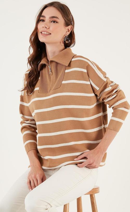 Çizgili Yarım Fermuarlı Oversize Triko Bayan Kazak 4616080 Camel-Açık Taş
